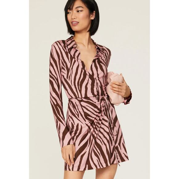 The Andamane Dress Womens 10 Pink Jane Zebra Wrap Mini Collared Jersey - Picture 1 of 12